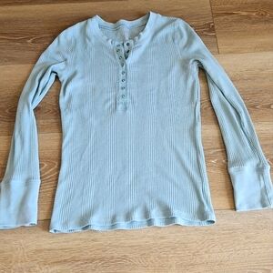 Women's Light Teal Blue Textured Long Sleeve Henley Button Up Tee Shirt | Medium
